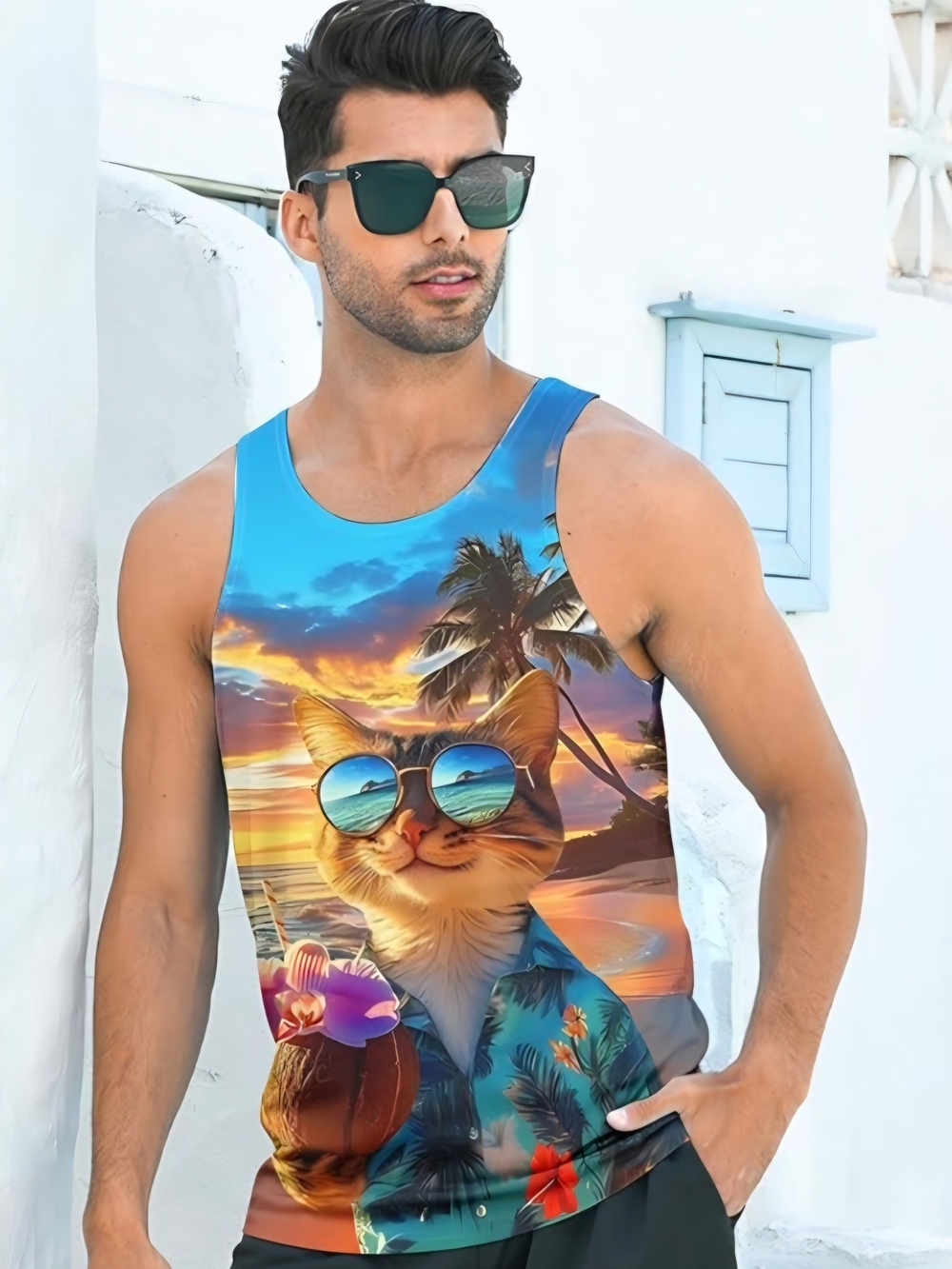 Men's Blue Tropical Cat Print Tank Top